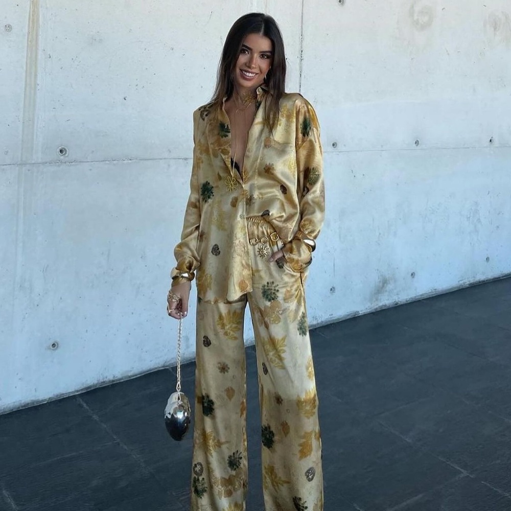 Zara women collection printed 100% silk pants and matching top